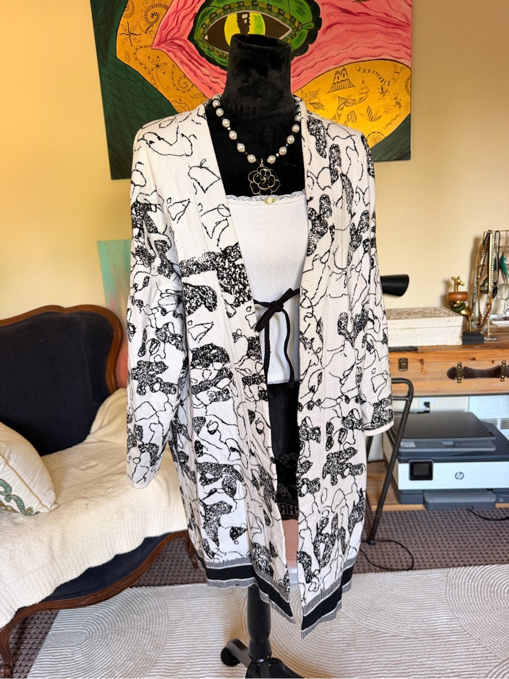 Dior Black and White Floral Open Robe with Tie